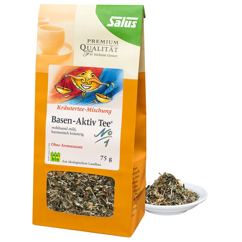 Salus® Basen-Aktiv Tee N° 1. Kräuterteemischung in Papierverpackung mit Sichtfenster. 75 g. Bio-Siegel.