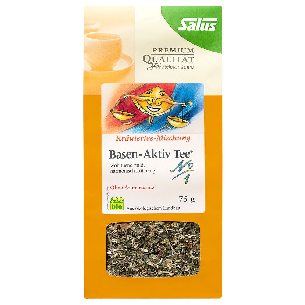 Salus® Basen-Aktiv Tee N° 1. Kräuterteemischung in Papierverpackung mit Sichtfenster. 75 g. Bio-Siegel.
