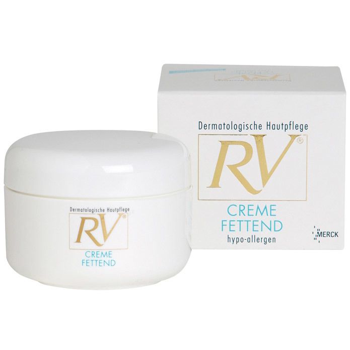 Weißer Tiegel und Schachtel mit RV-Logo und Schriftzug "CREME FETTEND". Auf der Schachtel steht "Dermatologische Hautpflege" und "hypo-allergen".