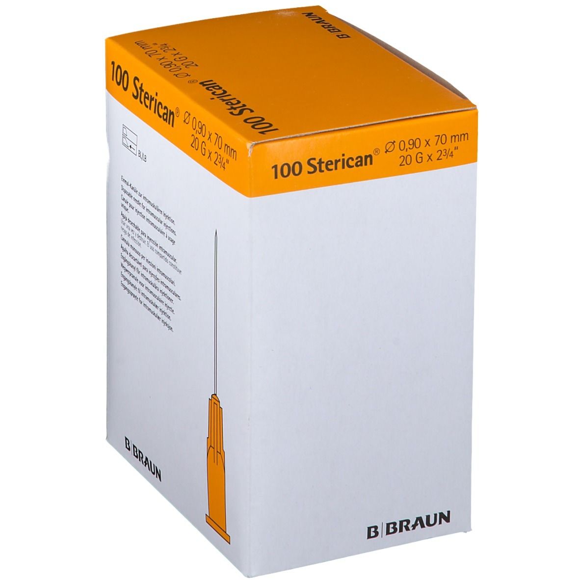 Packung mit 100 Sterican® Injektionskanülen. Gelbe Kanüle, 0,90 x 70 mm, 20 G x 2 3/4 Zoll. B. Braun Logo.