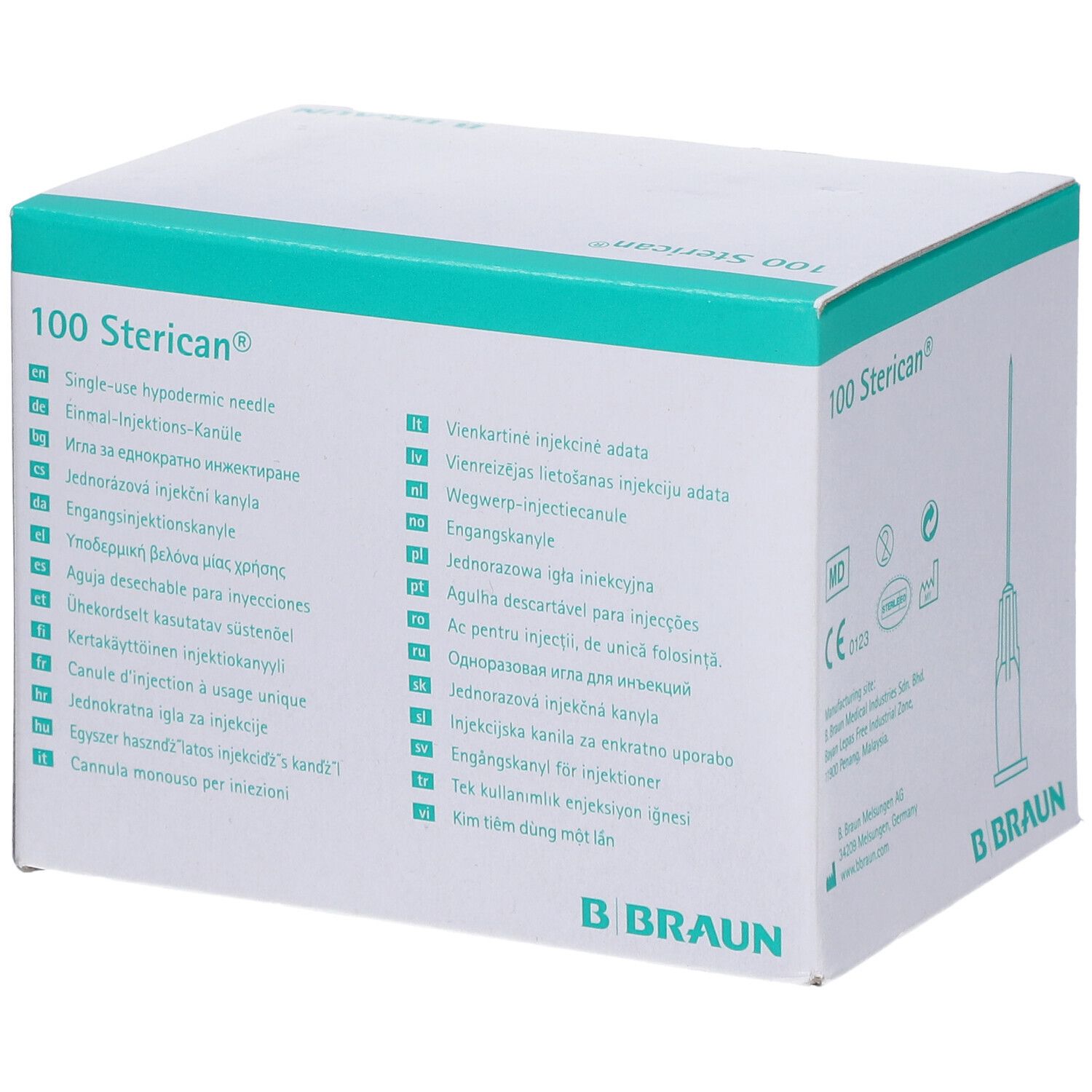 Verpackung mit 100 Sterican® Kanülen. Weißer Karton mit grüner Schrift und Logo. B. Braun Logo.