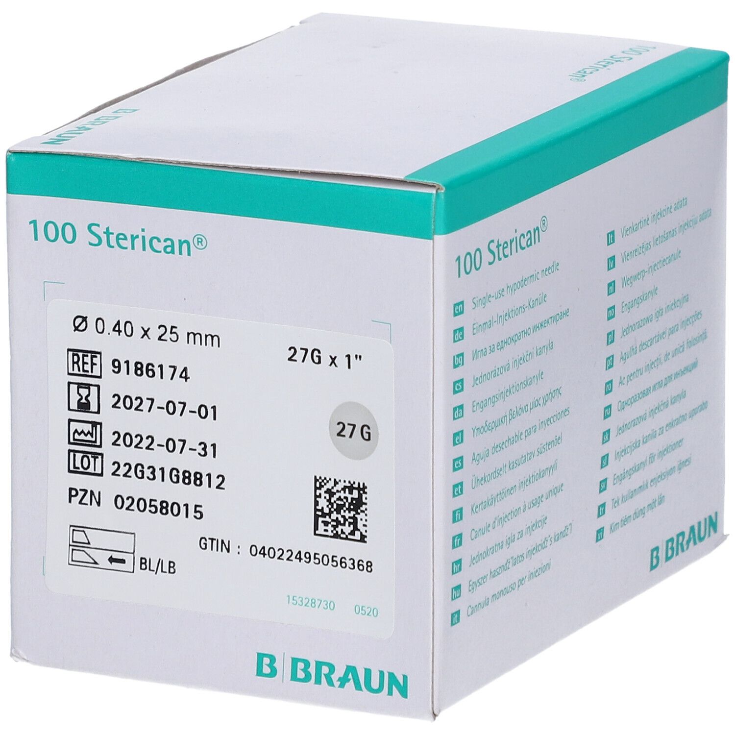 Verpackung mit 100 Sterican® Kanülen. Abmessungen: 0,40 x 25 mm, 27G x 1". Details: REF, Verfallsdatum, Chargennummer, GTIN. B. Braun Logo.