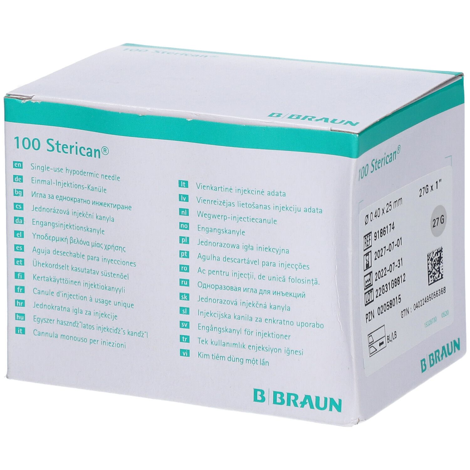 Verpackung mit 100 Sterican® Kanülen. Abmessungen: 0,40 x 25 mm, 27G x 1". Details: REF, Verfallsdatum, Chargennummer, GTIN. B. Braun Logo.