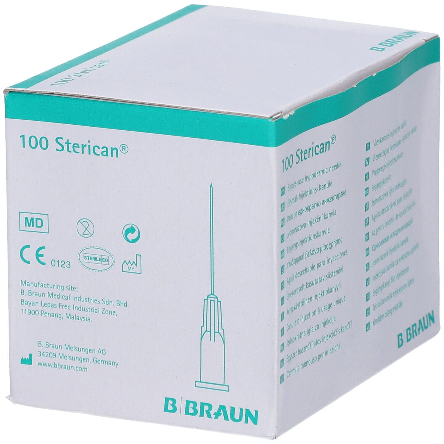 Verpackung mit 100 Sterican® Kanülen. Medizinprodukt. CE 0123. Herstelleradresse. B. Braun Logo.