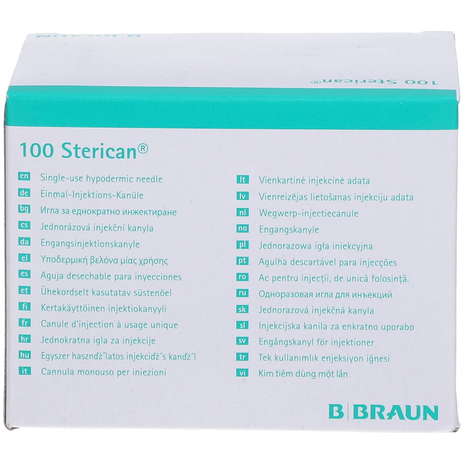 Verpackung mit 100 Sterican® Kanülen. Mehrsprachige Beschriftung. B. Braun Logo.