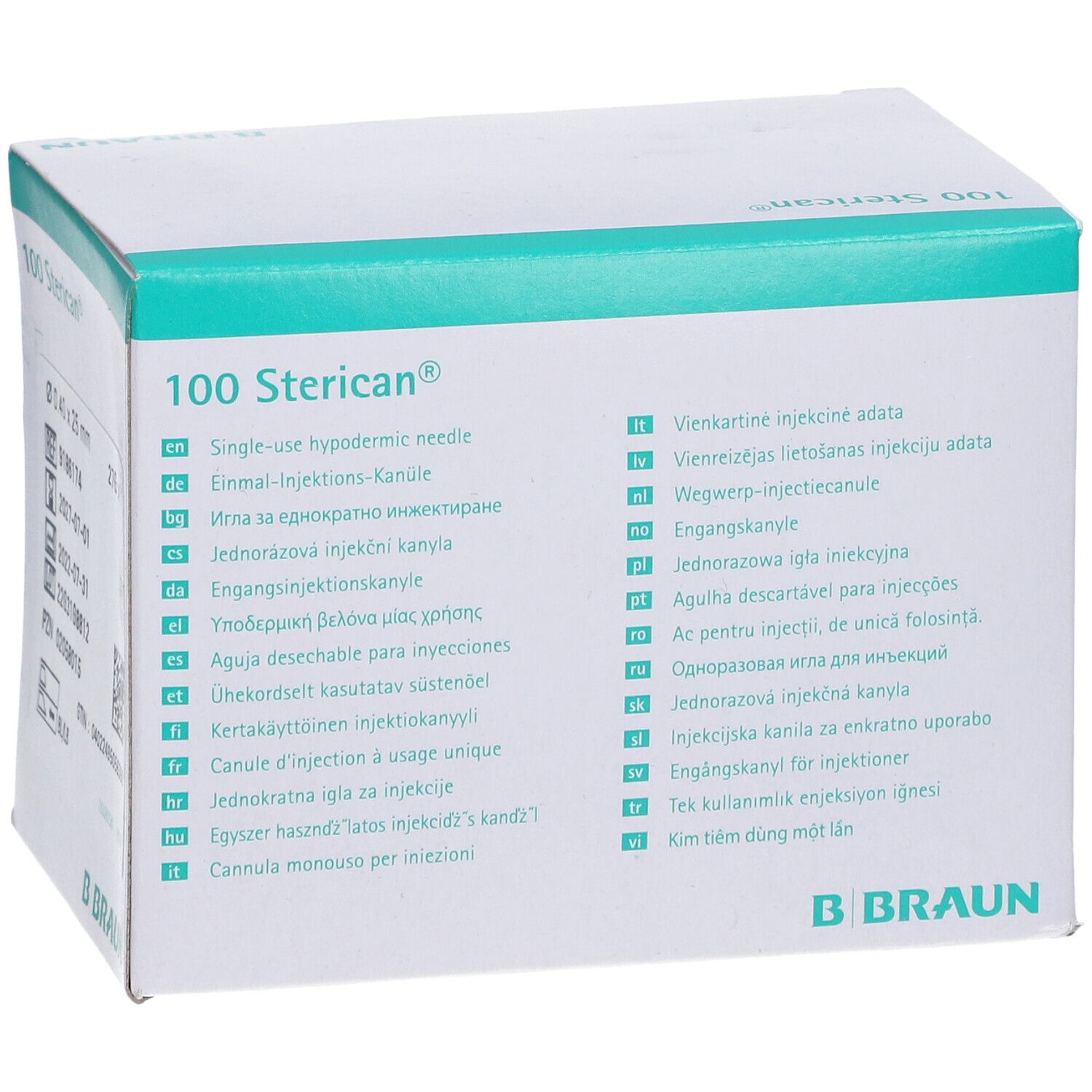 Verpackung mit 100 Sterican® Kanülen. Mehrsprachige Beschriftung. B. Braun Logo.