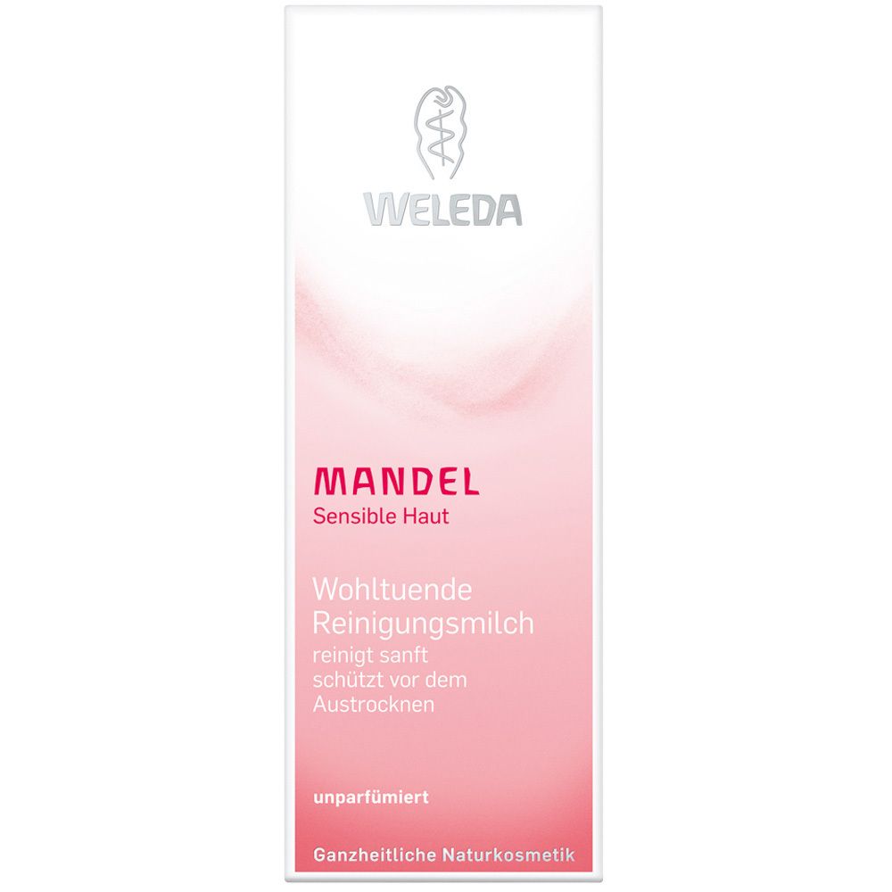 Weleda-Produktverpackung. Rosa-weißes Design mit Produktnamen und Logo. Text: Mandel, sensible Haut, Reinigungsmilch.