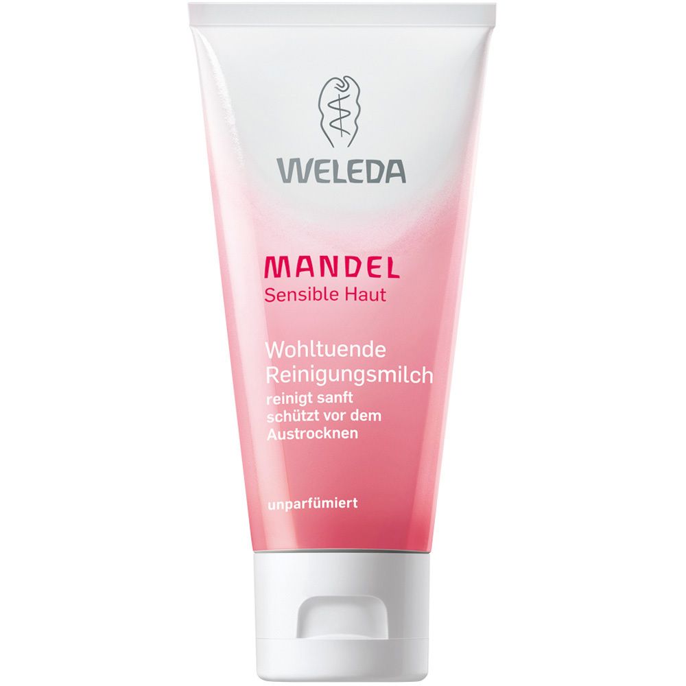 Weleda-Tube. Rosa-weißes Design mit Produktnamen und Logo. Text: Mandel, sensible Haut, Reinigungsmilch. Weißer Verschluss.