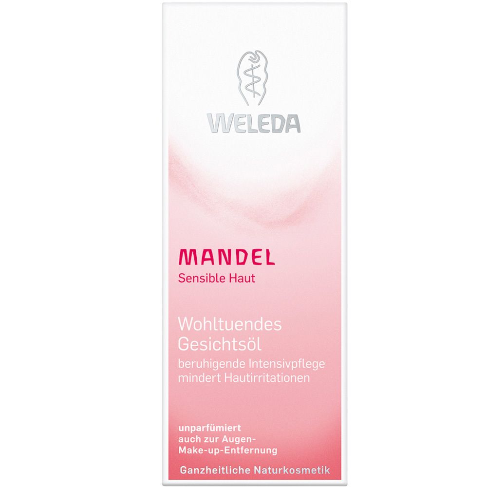 Weleda Mandel Gesichtsöl in weißer Verpackung. Rosa Akzent. Text: Mandel, sensible Haut, wohltuendes Gesichtsöl.