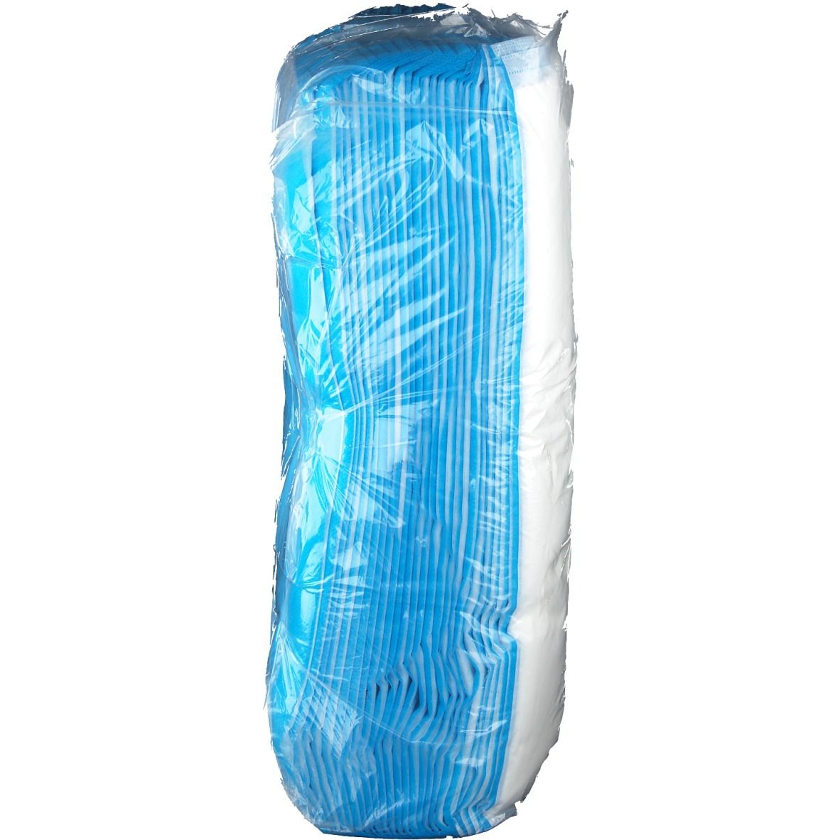 Verpackte Kompressen, blau und weiß. In Folie eingeschweißt.