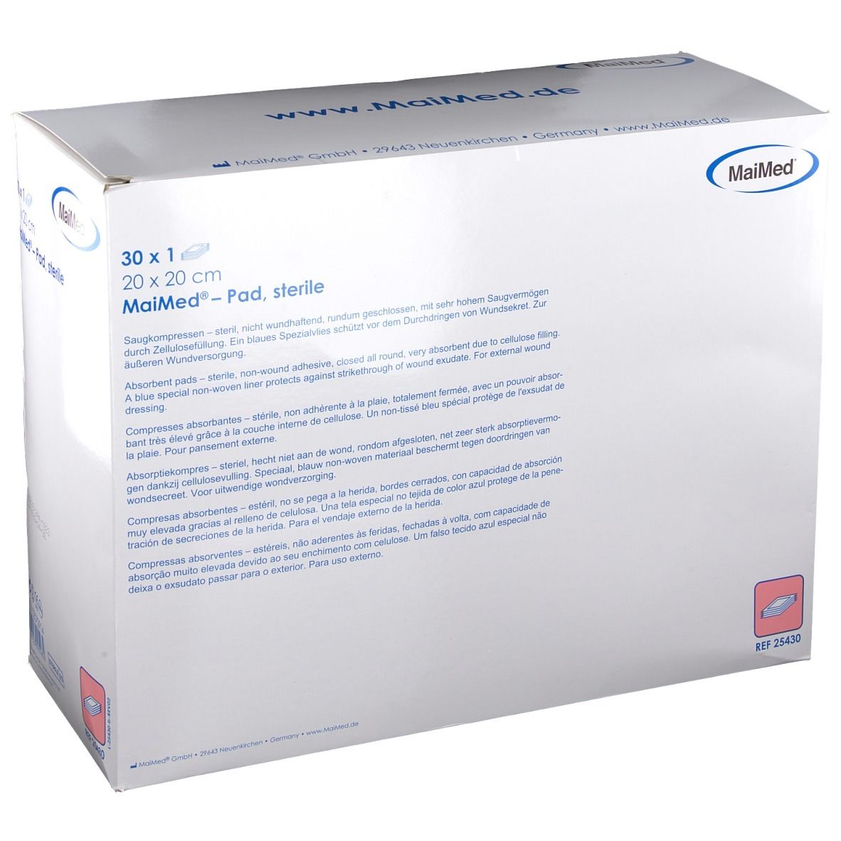 Verpackung mit MaiMed Pad, steril. 30 Stück, 20 x 20 cm. Aufdrucke: MaiMed, www.maimed.de. Produktinformationen.