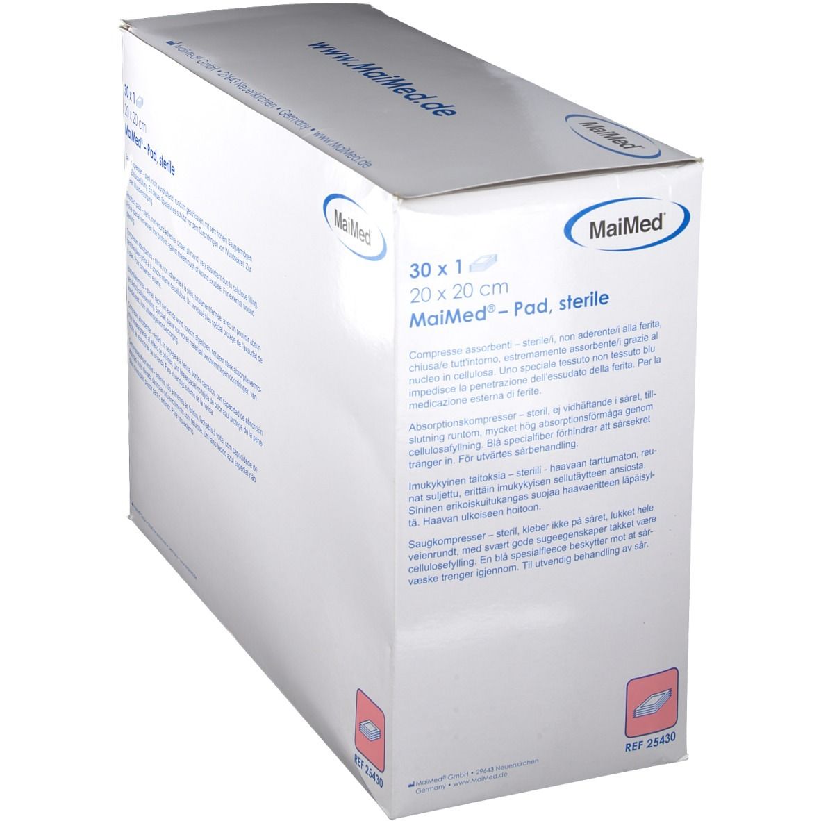 Verpackung MaiMed Pad, steril. 30 Stück, 20 x 20 cm. Aufdrucke: MaiMed, www.maimed.de. Schrägansicht.