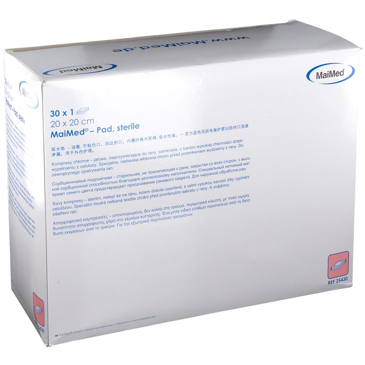 Verpackung MaiMed Pad, steril. 30 Stück, 20 x 20 cm. Aufdrucke: MaiMed, www.maimed.de. Produktinformationen.