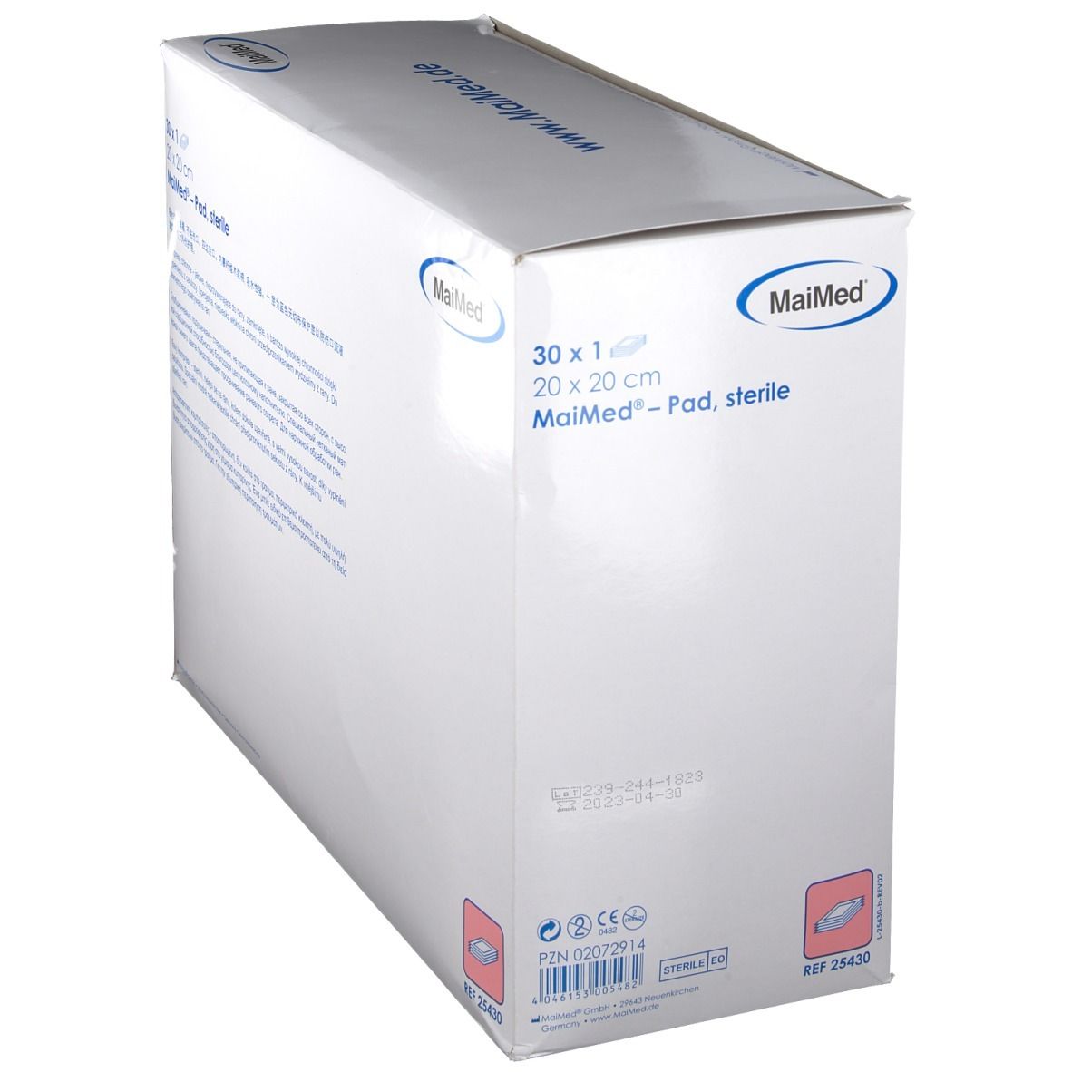Verpackung MaiMed Pad, steril. 30 Stück, 20 x 20 cm. Aufdrucke: MaiMed, www.maimed.de. Schrägansicht.