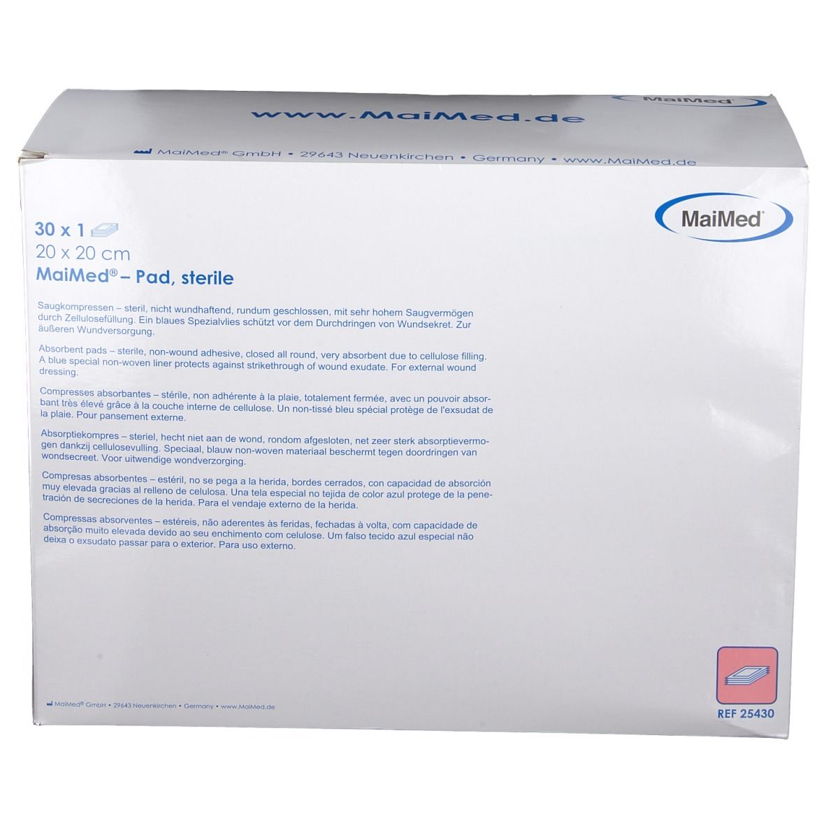 Verpackung MaiMed Pad, steril. 30 Stück, 20 x 20 cm. Aufdrucke: MaiMed, www.maimed.de. Produktinformationen.