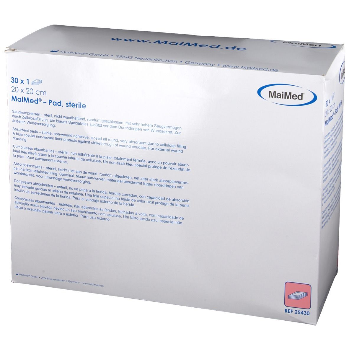 Verpackung MaiMed Pad, steril. 30 Stück, 20 x 20 cm. Aufdrucke: MaiMed, www.maimed.de. Schrägansicht.