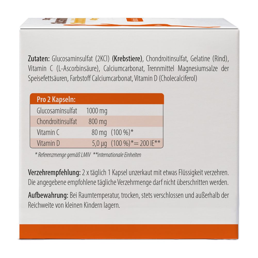 Rückseite der Verpackung mit Zutatenliste und Nährwertangaben für Glucosamin, Chondroitin, Vitamin C und D.