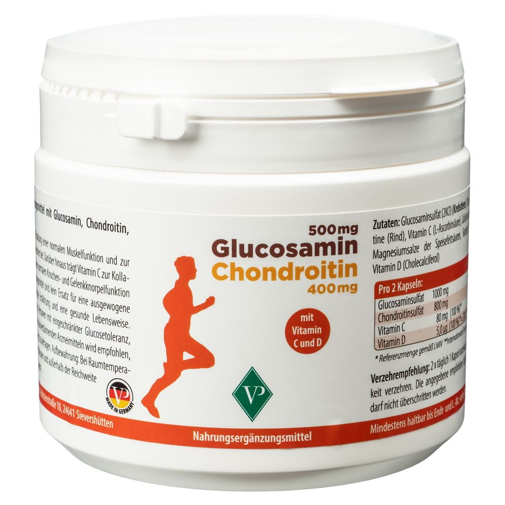 Dose mit Glucosamin 500mg, Chondroitin 400mg, Vitamin C und D. Enthält 270 Kapseln.