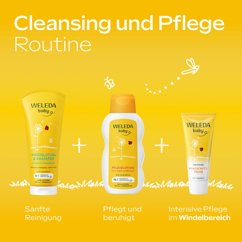 Drei Weleda Baby Produkte: Waschlotion & Shampoo, Pflegelotion, Wundschutzcreme. Text: Cleansing und Pflege Routine.