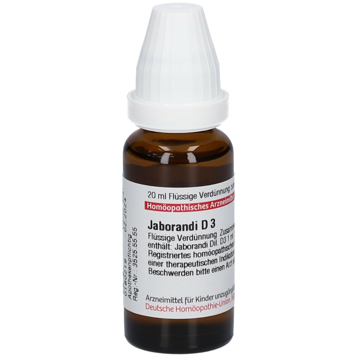 Braune Glasflasche mit weißem Verschluss. Beschriftung: Jaborandi D3, 20 ml Flüssige Verdünnung. Apothekenpflichtig.