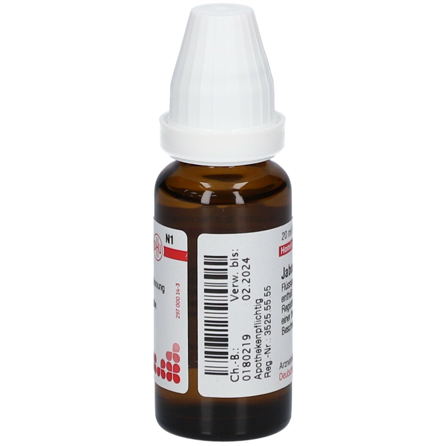 Braune Glasflasche mit weißem Verschluss. Aufkleber mit Barcode und Text. Beschriftung: Jaborandi D3, 20 ml. Verwendbar bis 02.2024.
