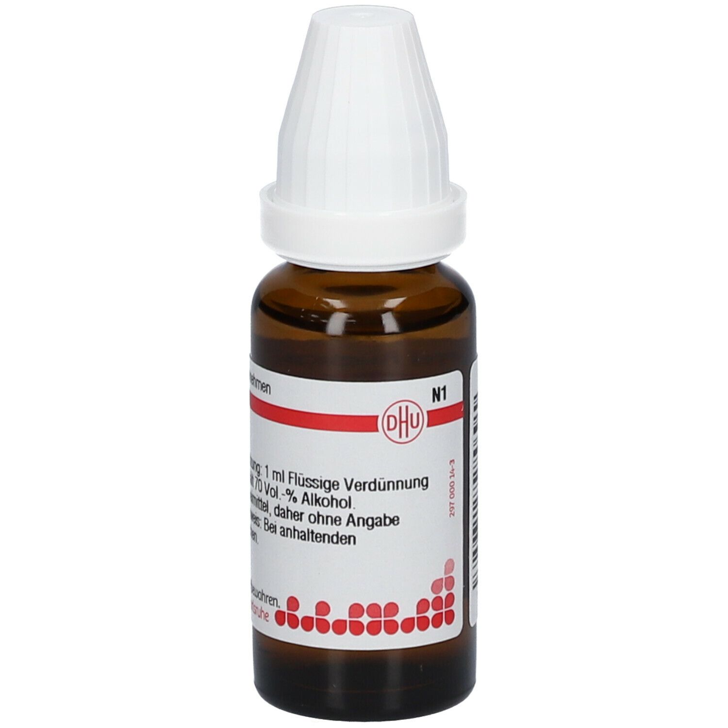 Braune Glasflasche mit weißem Verschluss. Beschriftung: DHU, Jaborandi D3, 1 ml Flüssige Verdünnung. Enthält 70 Vol.-% Alkohol.