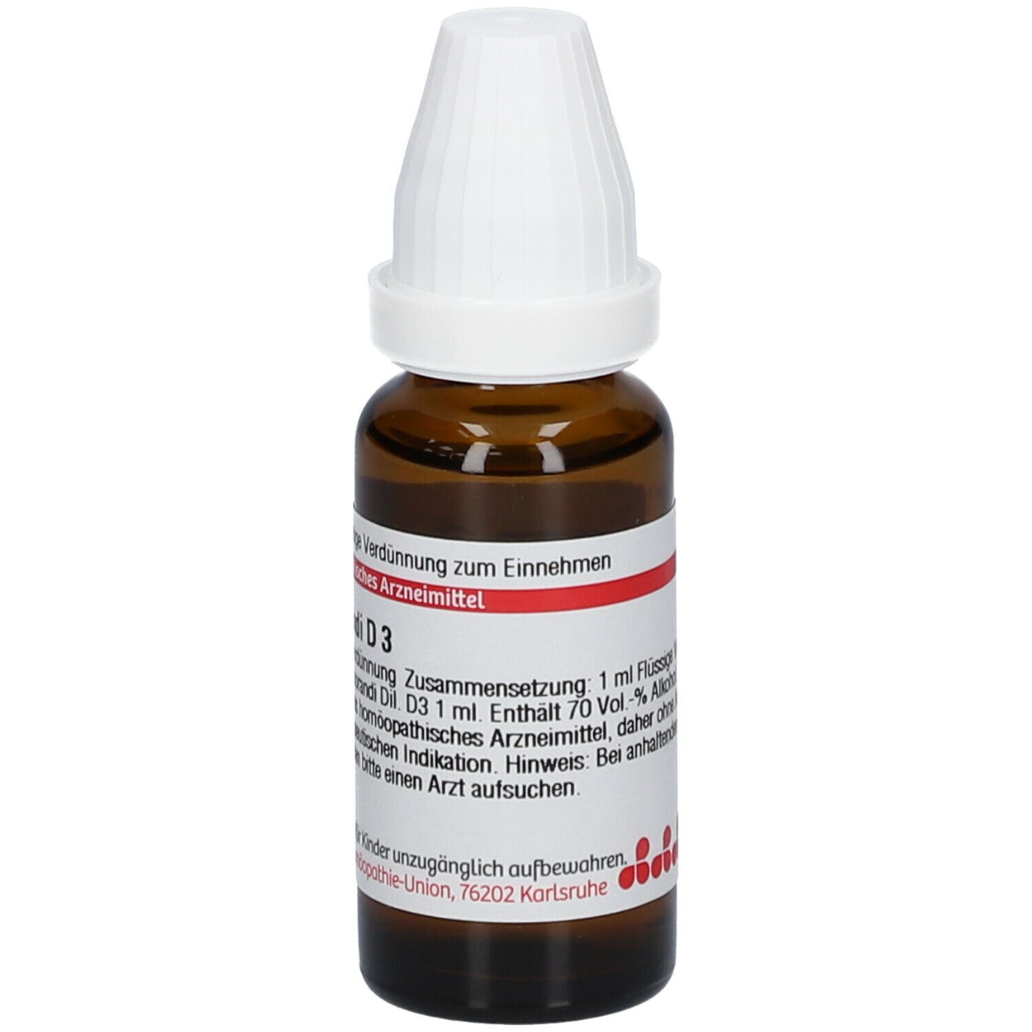 Braune Glasflasche mit weißem Verschluss. Beschriftung: Jaborandi D3, 1 ml Flüssige Verdünnung. Homöopathisches Arzneimittel.