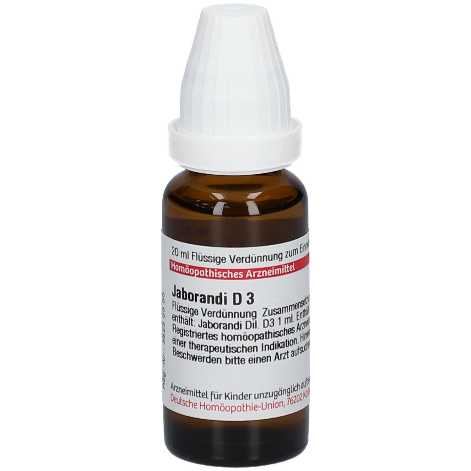 Braune Glasflasche mit weißem Verschluss. Beschriftung: Jaborandi D3, 20 ml Flüssige Verdünnung. Homöopathisches Arzneimittel.