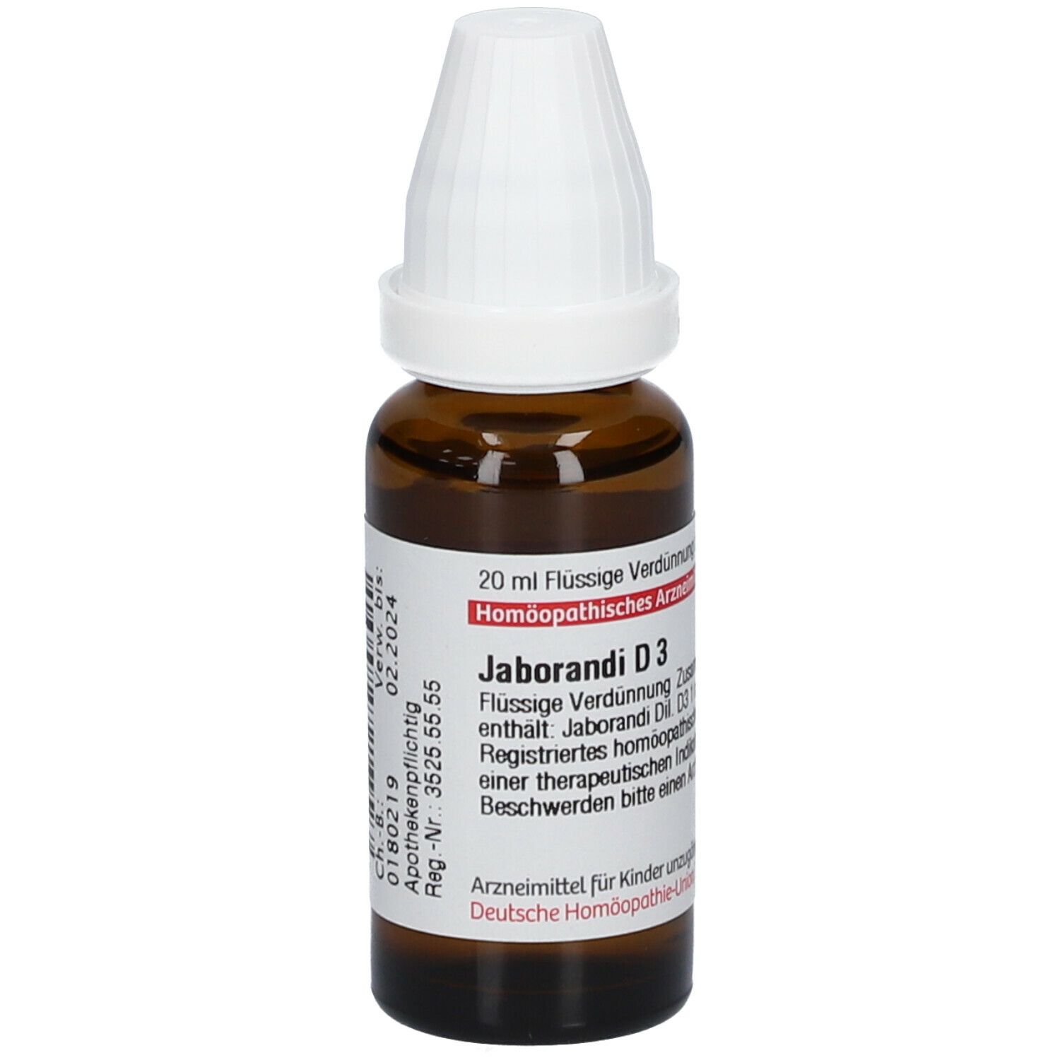 Braune Glasflasche mit weißem Verschluss. Beschriftung: Jaborandi D3, 20 ml Flüssige Verdünnung. Verwendbar bis 02.2024.