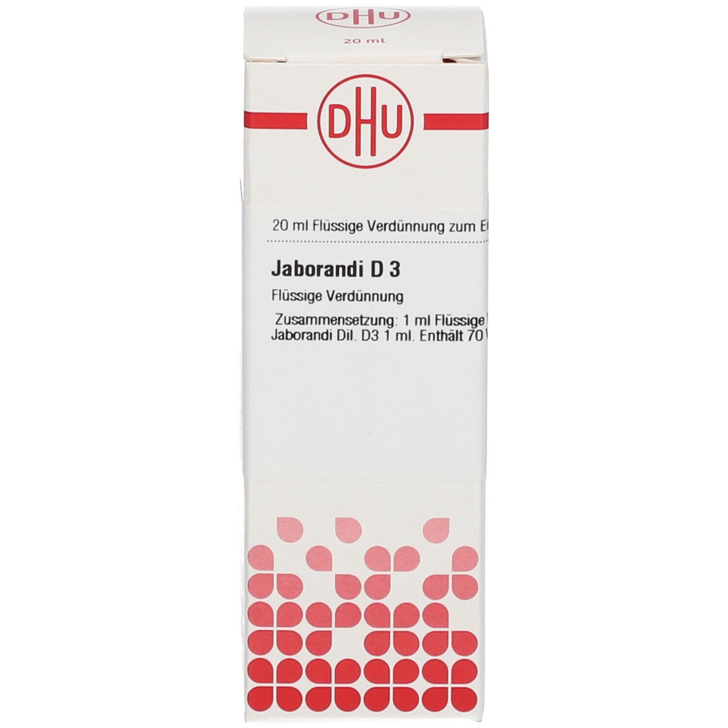 Weiße Schachtel mit rotem Logo und Text. Beschriftung: DHU, Jaborandi D3, 20 ml Flüssige Verdünnung. Homöopathisches Arzneimittel.