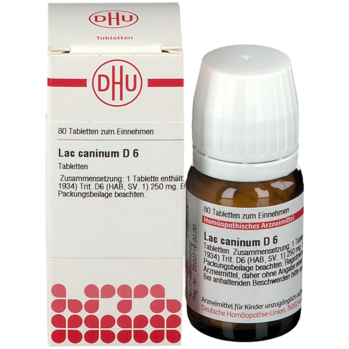 Braune Glasflasche mit weißem Deckel und Karton. Karton mit DHU Logo und Text: Lac caninum D6, 80 Tabletten.