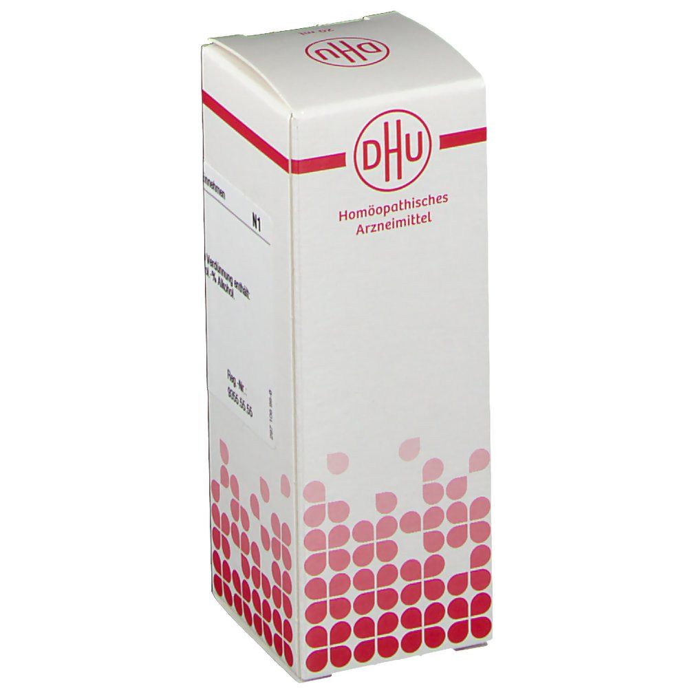 Weiße Schachtel mit rotem DHU-Logo. Homöopathisches Arzneimittel. Text und Logo in Rot. N1-Kennzeichnung.