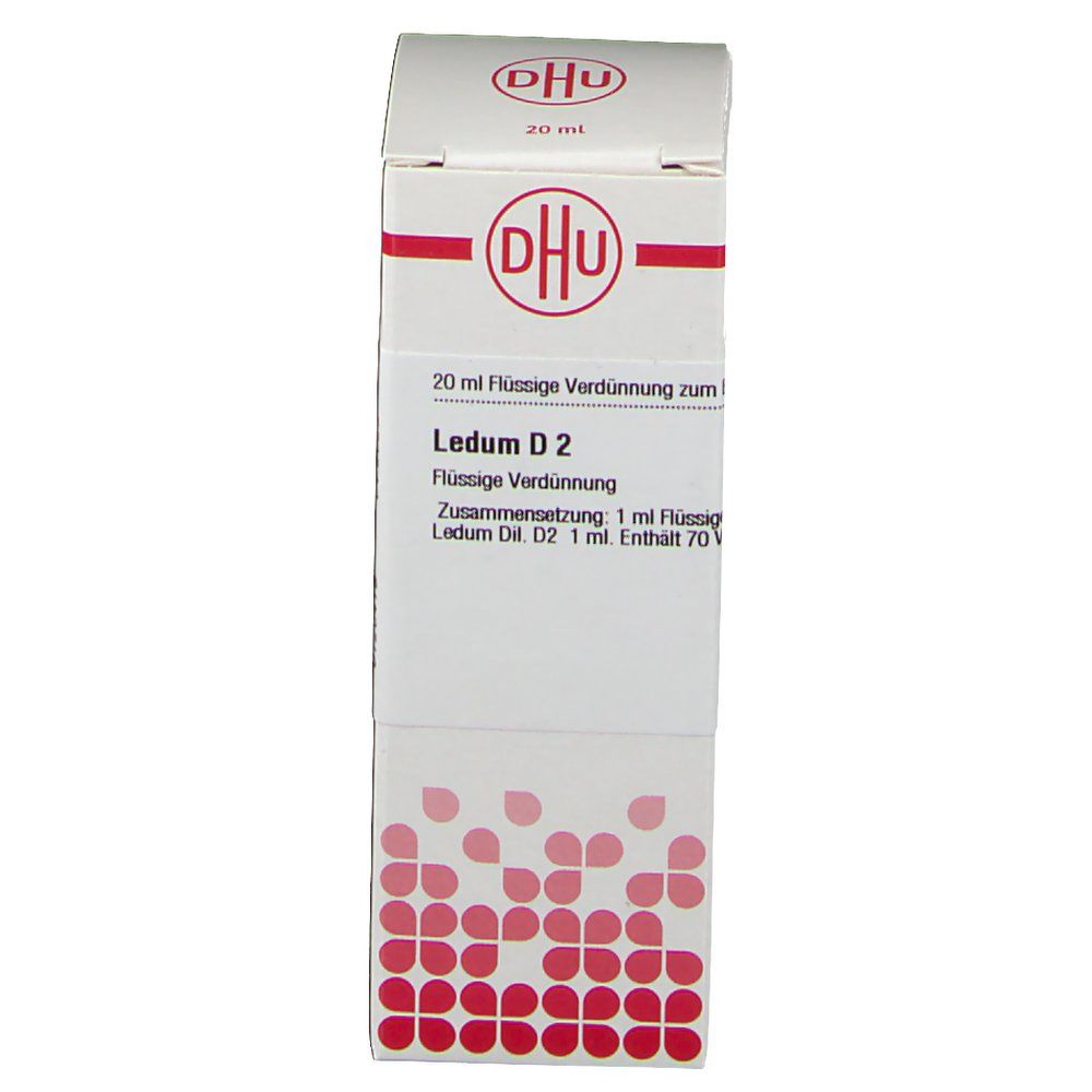 Weiße Schachtel mit rotem DHU-Logo. Enthält Ledum D2, 20 ml flüssige Verdünnung. Aufdrucke mit Inhaltsangaben und Dosierung.