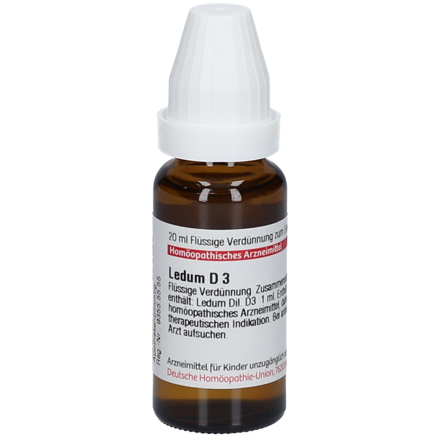 Braune Glasflasche mit weißem Schraubverschluss. Etikett mit Produktinformationen: Ledum D3, 20 ml flüssige Verdünnung.