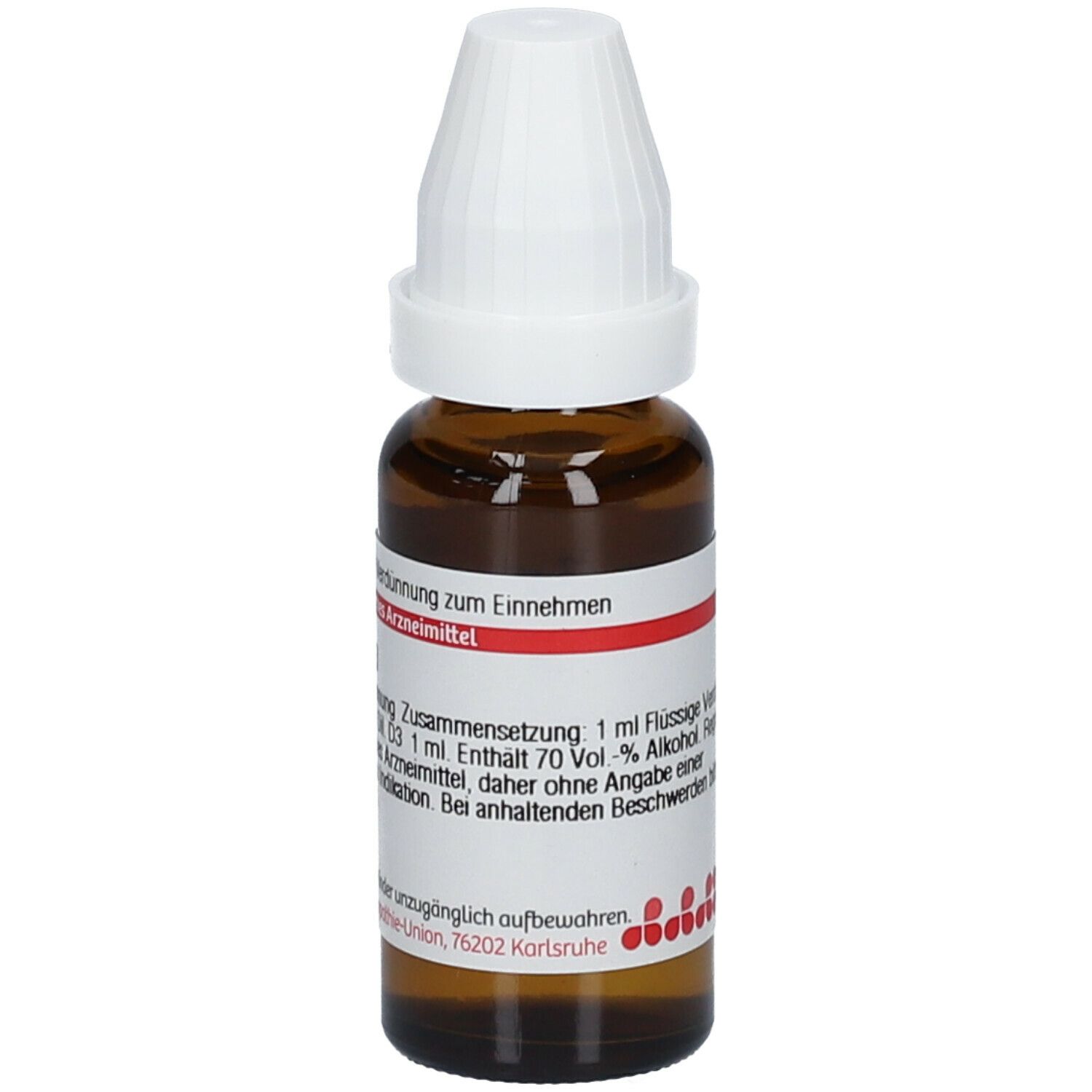 Braune Glasflasche mit weißem Schraubverschluss. Etikett mit Produktinformationen: Ledum D3, flüssige Verdünnung zum Einnehmen.