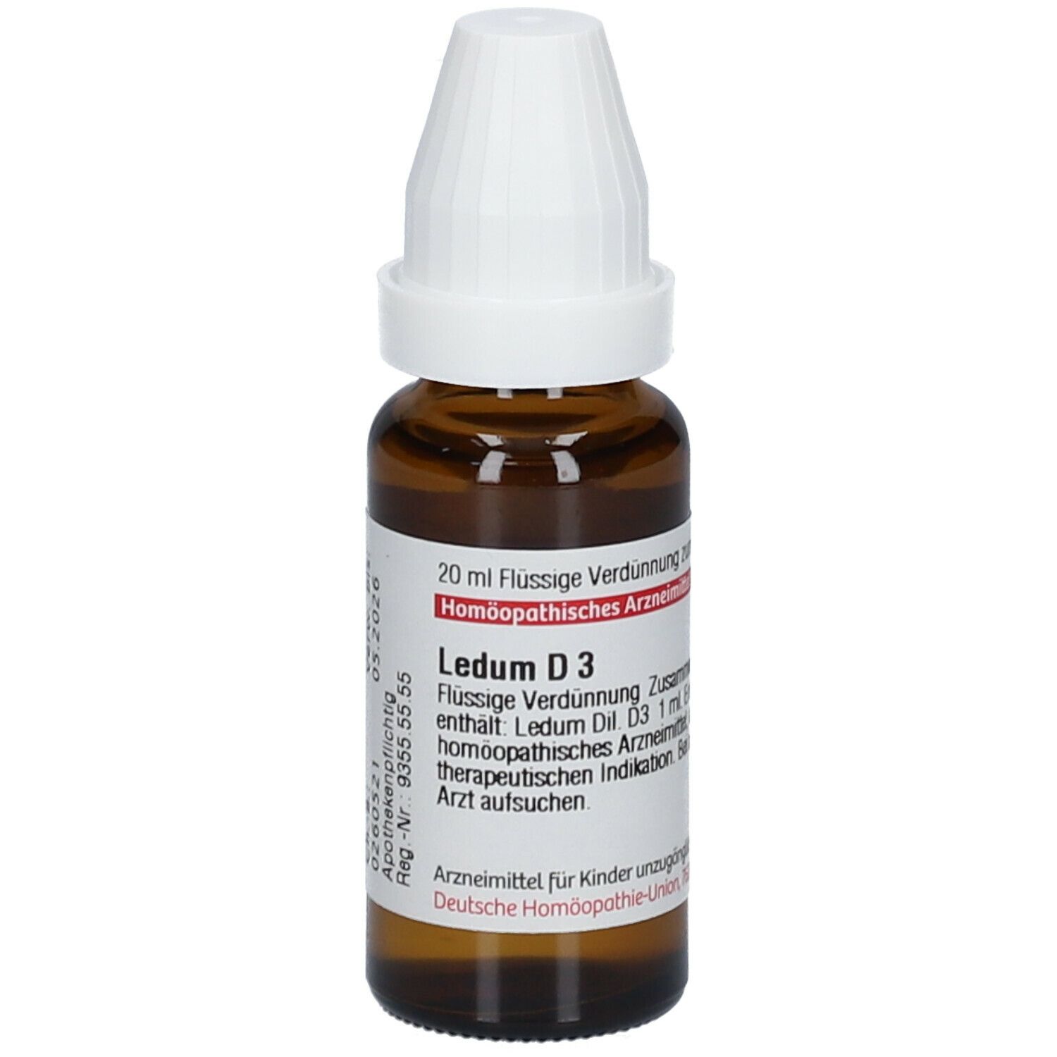 Braune Glasflasche mit weißem Schraubverschluss. Etikett mit Produktinformationen: Ledum D3, flüssige Verdünnung.