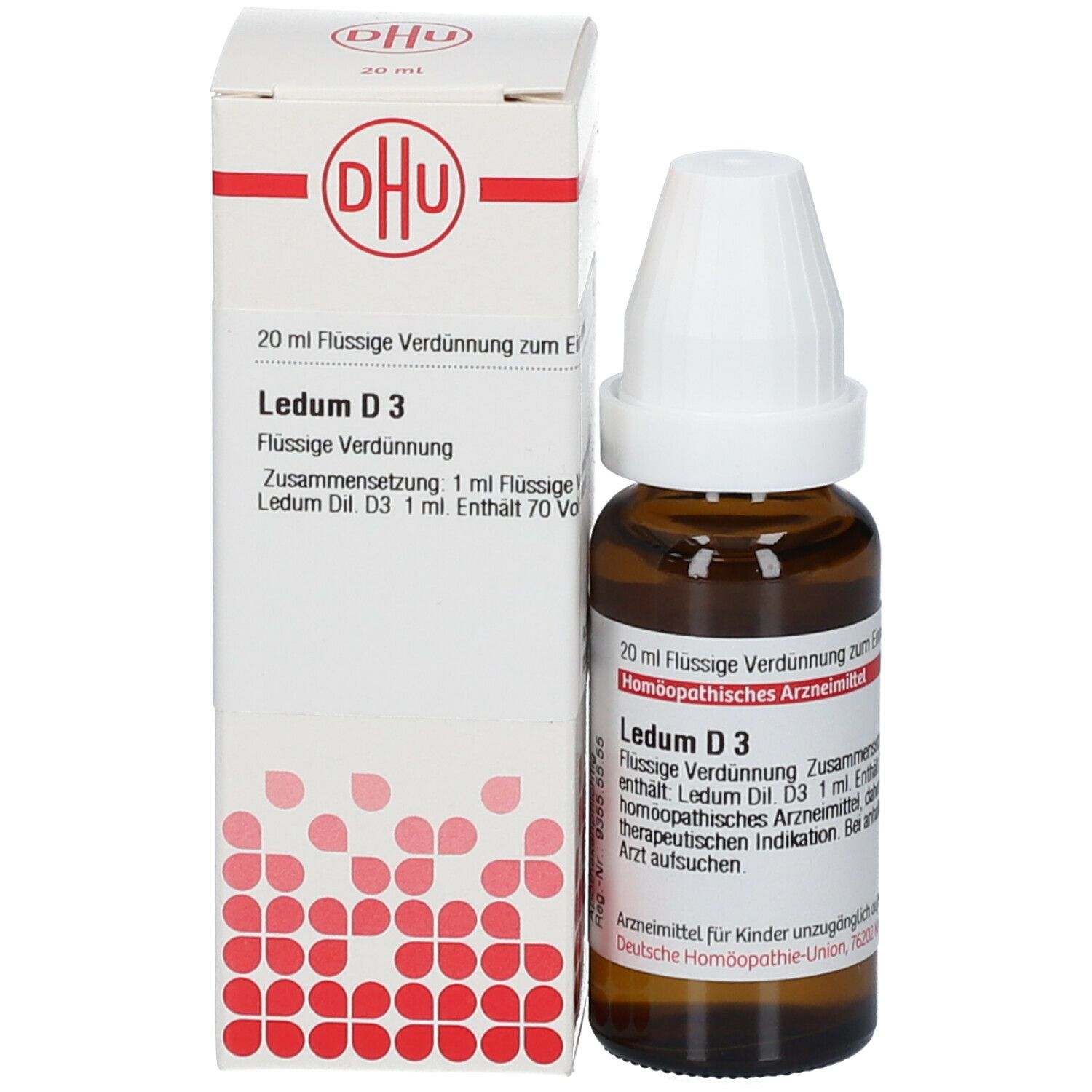 Braune Glasflasche mit weißem Schraubverschluss und Umverpackung. Auf der Verpackung: DHU-Logo und Produktname Ledum D3.