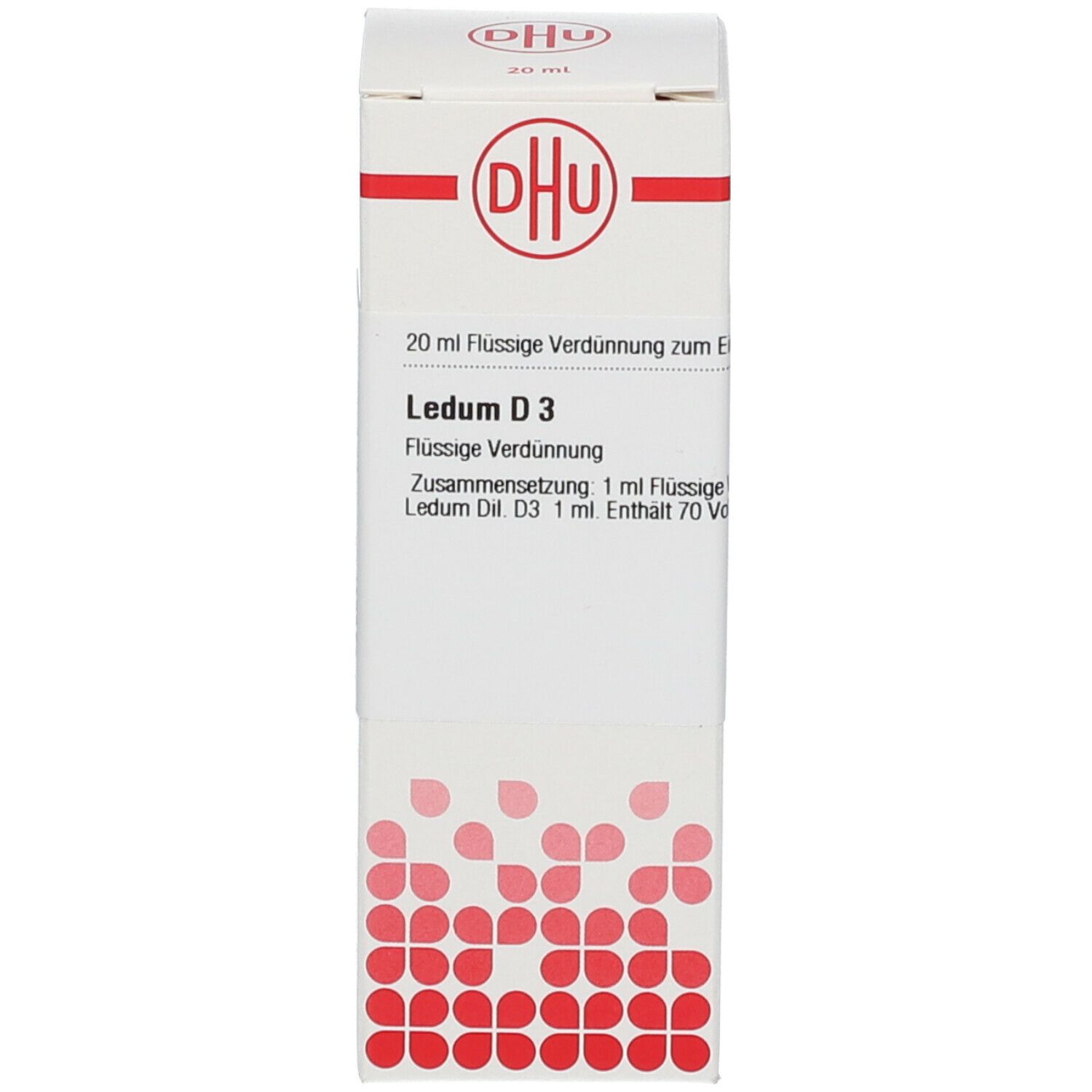 Weiße Verpackung mit DHU-Logo und Produktinformationen: Ledum D3, flüssige Verdünnung.