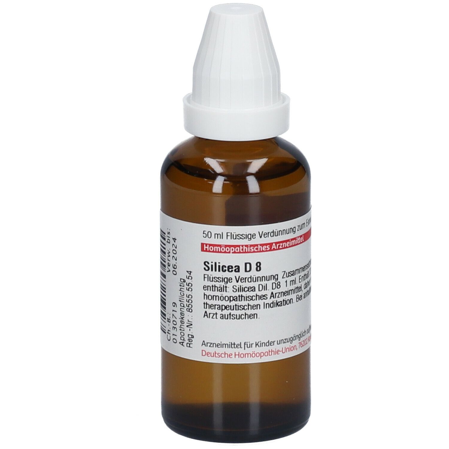 Braune Glasflasche mit weißem Verschluss. Etikett mit Produktinformationen: Silicea D 8, 50 ml. Deutsche Homöopathie-Union.