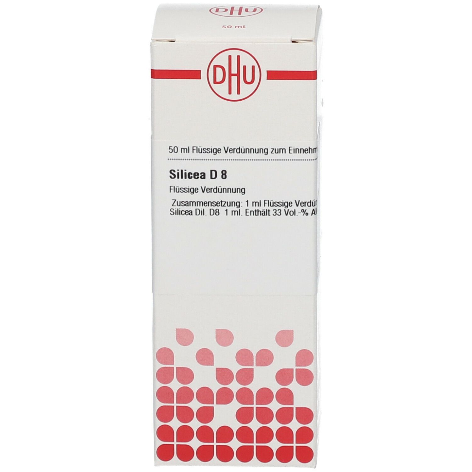 Weiße Produktverpackung mit DHU Logo und Produktinformationen: Silicea D 8, flüssige Verdünnung. Rote Punkte.