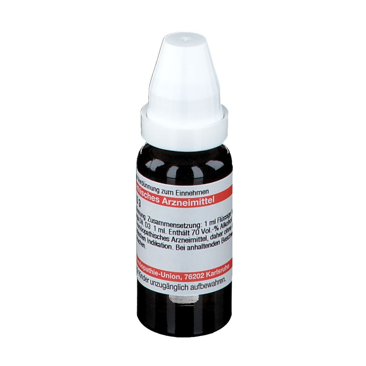 Braune Glasflasche mit weißem Verschluss. Etikett mit Produktinformationen. Aufschrift: Spongia D3, Homöopathisches Arzneimittel.