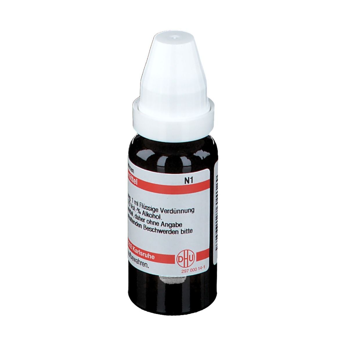 Braune Glasflasche mit weißem Verschluss. Etikett mit Produktinformationen. Aufschrift: N1, Homöopathisches Arzneimittel.