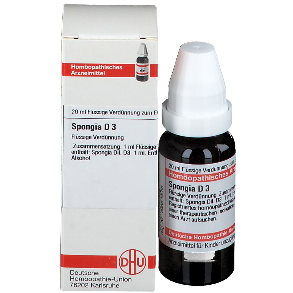 Produktflasche und Verpackung. Flasche: braunes Glas, weißer Verschluss. Verpackung: weiß, rot, Produktinformationen, DHU Logo.