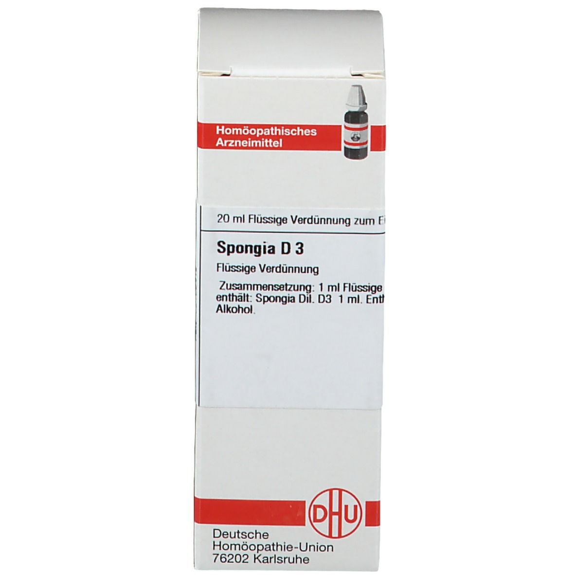 Produktflasche und Verpackung. Flasche: braunes Glas, weißer Verschluss. Verpackung: weiß, rot, Produktinformationen, DHU Logo.