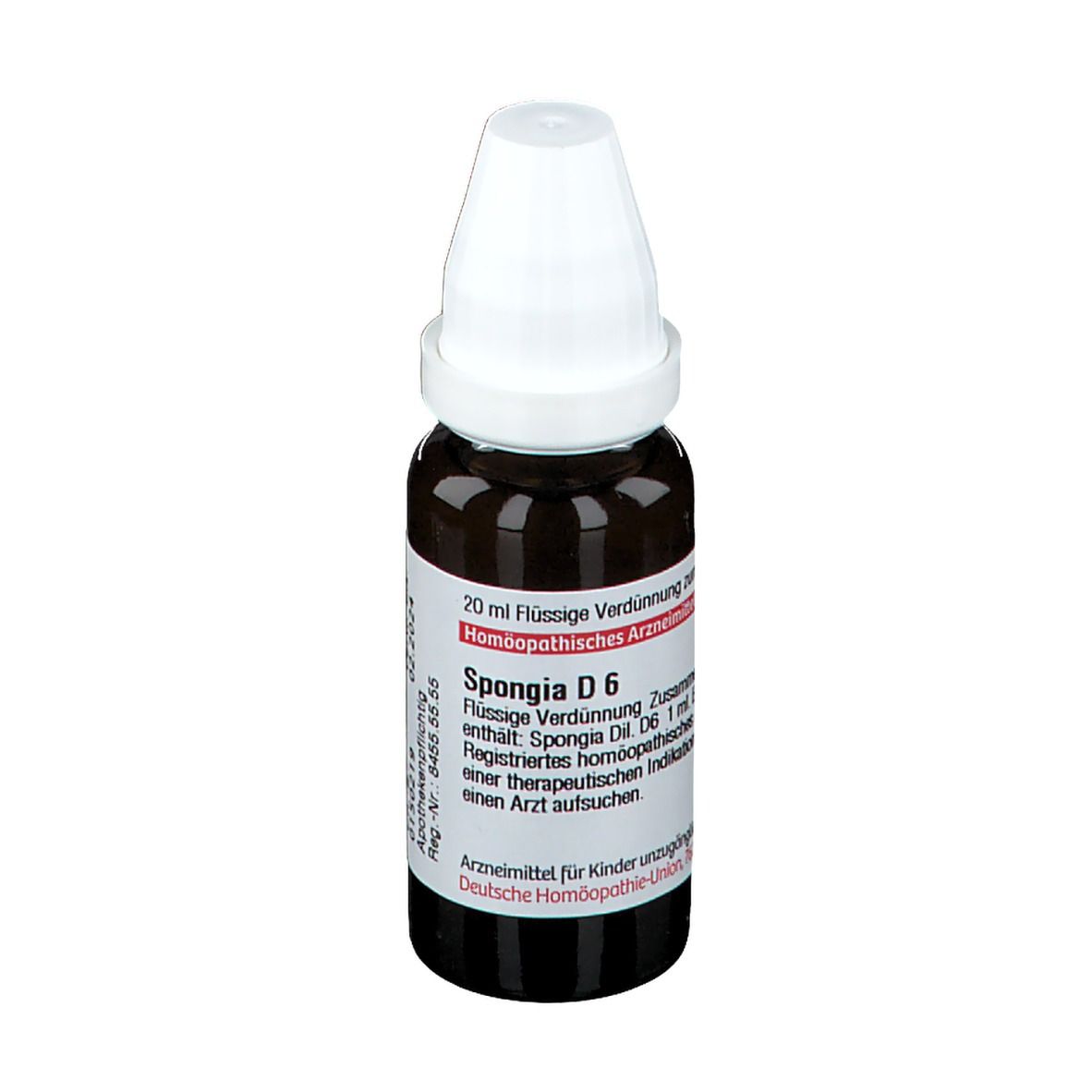 Braune Tropfflasche mit weißem Verschluss. Beschriftung: Spongia D6, 20 ml. Aufschrift: Homöopathisches Arzneimittel.