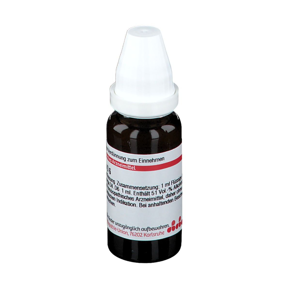 Braune Tropfflasche mit weißem Verschluss. Beschriftung: Spongia D6. Aufschrift: Homöopathisches Arzneimittel.