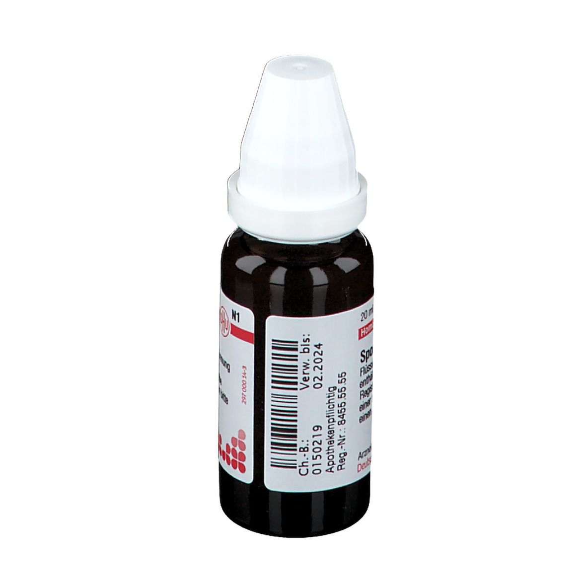 Braune Tropfflasche mit weißem Verschluss. Beschriftung: Spongia D6. Aufschrift: Homöopathisches Arzneimittel.