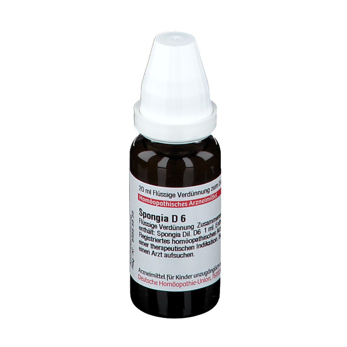 Braune Tropfflasche mit weißem Verschluss. Beschriftung: Spongia D6. Aufschrift: Homöopathisches Arzneimittel.