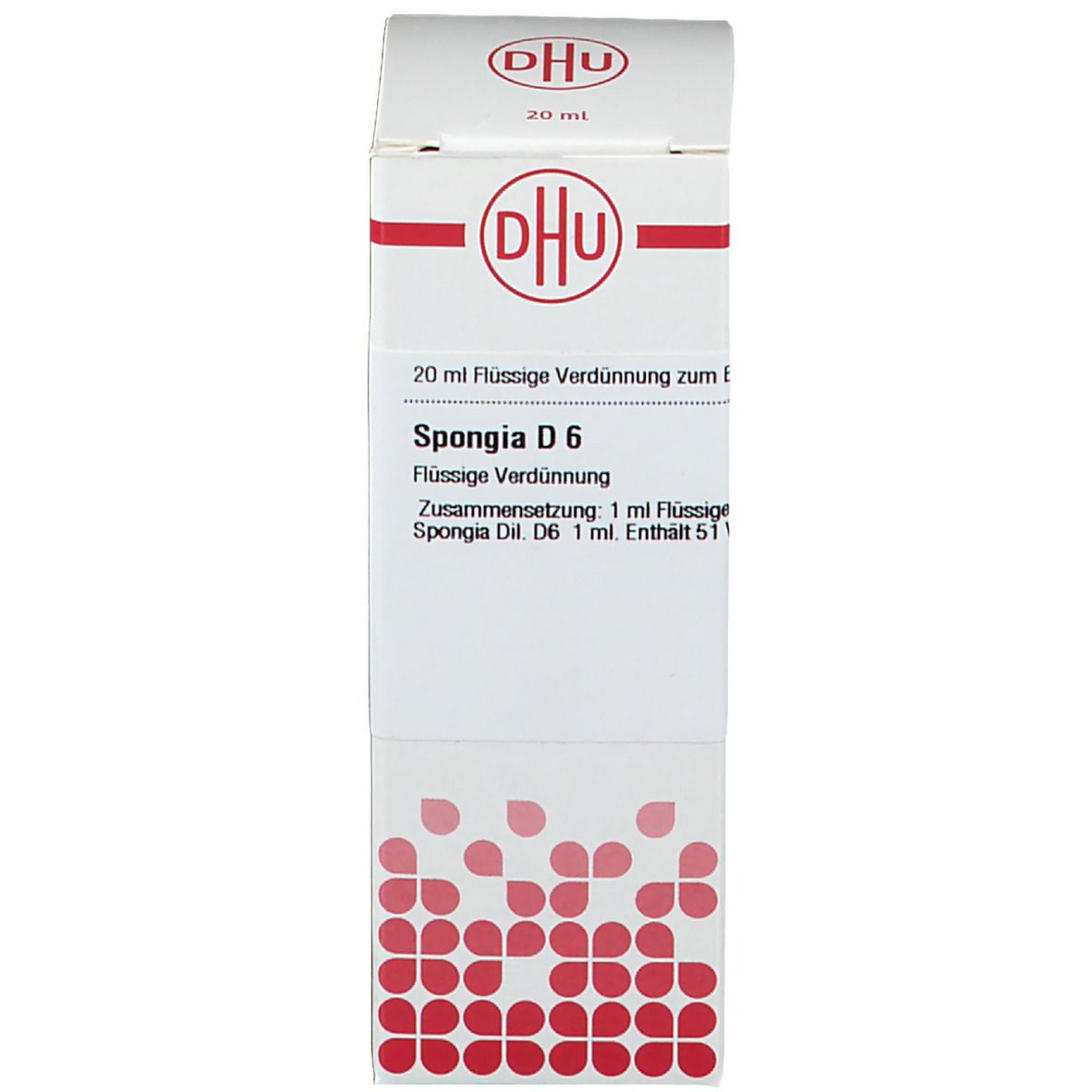 Weiße Schachtel mit rotem Logo. Beschriftung: DHU, Spongia D6, 20 ml. Aufschrift: Homöopathisches Arzneimittel.