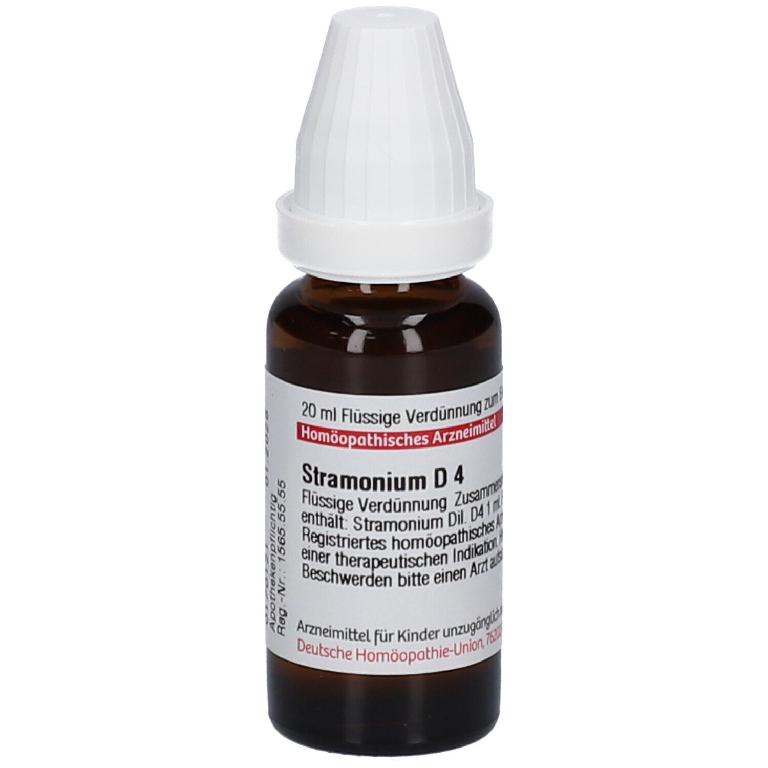 Braune Glasflasche mit weißem Verschluss. Etikett mit Text: Stramonium D4. 20 ml Flüssige Verdünnung.